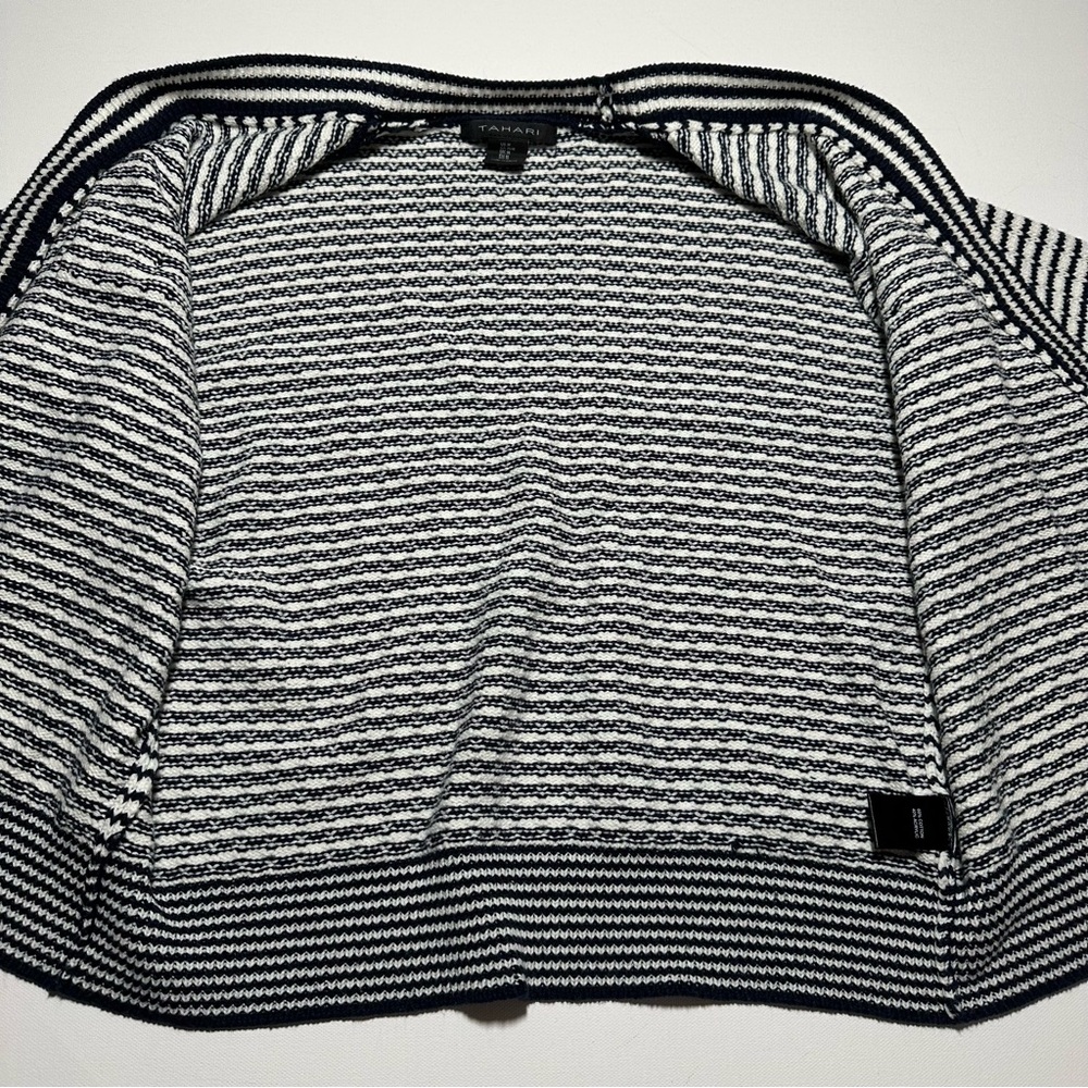 Tahari Knit V-Neck Cardigan; Black/White Stripes; Silver Accents - Women Medium - Picture 12 of 15
